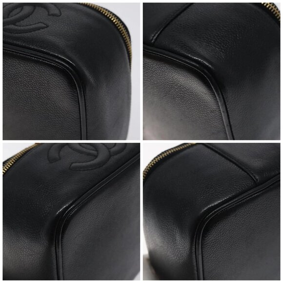 CHANEL COCO Mark Vanity Pouch Grained Calf Skin Black Gold CC Auth 130251 - Picture 16 of 16